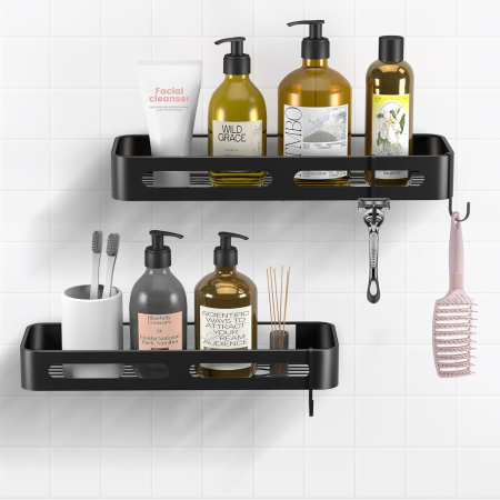 suporturi si accesorii baie - Suporti pentru dus, negri, fara gaurire, set 2 bucati, capacitate mare