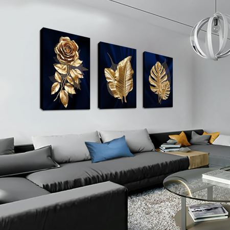 Tablou pe panza din 3 bucati, Frunze de aur, 150x70cm [3]