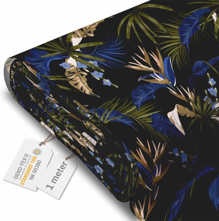 CASA SI GRADINA - Tesatura impermeabila, material pentru tapiterie de exterior, 160x100 cm, pretabil fata de masa gradina, Exotic Blue Leaves