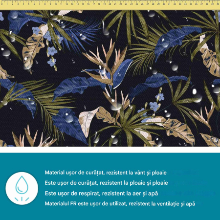Tesatura impermeabila, material pentru tapiterie de exterior, 160x200 cm, pretabil fata de masa gradina, Exotic Blue Leaves [1]