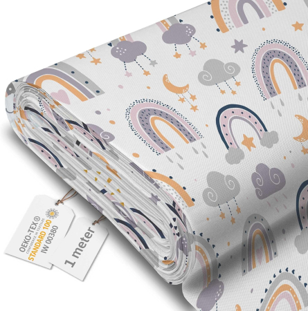 CASA SI GRADINA - Tesatura impermeabila, material pentru tapiterie de exterior, 160x100 cm, pretabil fata de masa gradina, Rainbow and Moon Doodle