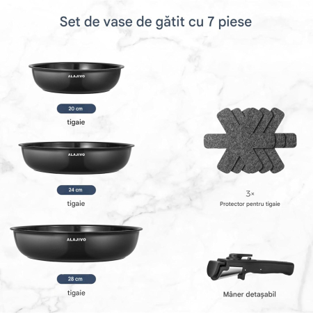 Set 3 tigăi cu mâner detașabil 20/24/28cm ceramică antiaderentă Inducție & cuptor [2]