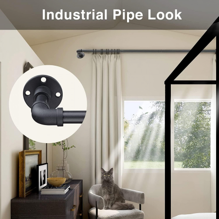 Tijă de perdea în stil industrial, extensibilă de 81-216 cm cu cap de flanșă din oțel inoxidabil, negru mat [2]