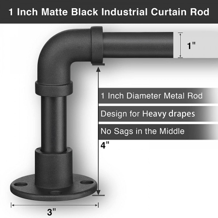 Tijă de perdea în stil industrial, extensibilă de 81-216 cm cu cap de flanșă din oțel inoxidabil, negru mat [3]