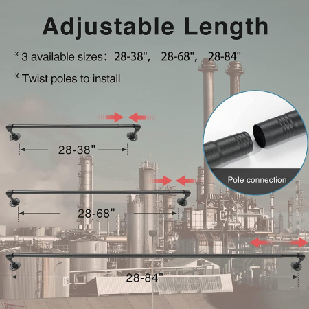 Tijă de perdea în stil industrial, extensibilă de 81-216 cm cu cap de flanșă din oțel inoxidabil, negru mat [4]