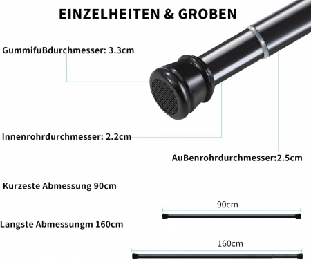 Tija telescopica din otel, neagra, 90-160 cm, fara gaurire [2]