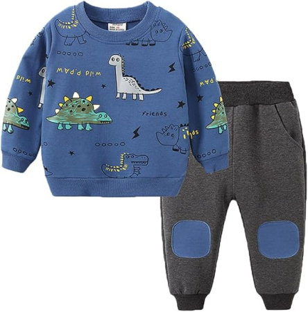 Bluze copii - Set trening Băieți 2 Piese, Bluză și Pantaloni, Imprimeu Dinozaur, 5-6 ani
