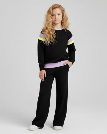 Trening negru Fete 2 Piese Color Block, Bluză cu Mâneci Lungi și Pantaloni, 8-9 ani [1]