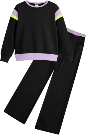 Bluze copii - Trening negru Fete 2 Piese Color Block, Bluză cu Mâneci Lungi și Pantaloni, 8-9 ani
