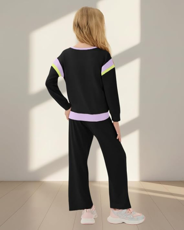 Trening negru Fete 2 Piese Color Block, Bluză cu Mâneci Lungi și Pantaloni, 8-9 ani [2]