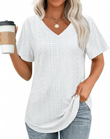Tricouri dama - Tricou alb Damă Oversized, Decolteu în V, Broderie Eyelet, Material Respirabil, 2XL (50-52)