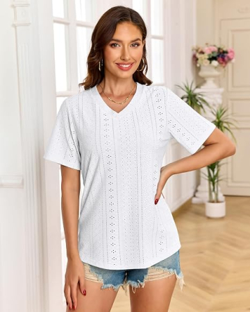 Tricou alb Damă Oversized, Decolteu în V, Broderie Eyelet, Material Respirabil, 2XL (50-52) [1]