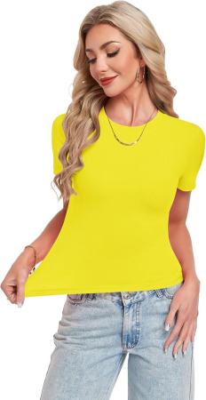 Tricou galben Damă Slim Fit, 95% Rayon, 5% Spandex, Guler Rotund, Mâneci Scurte, M [3]