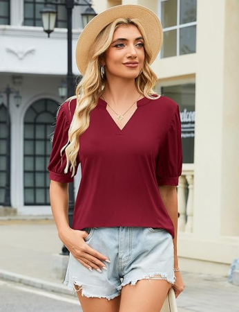 Tricou visiniu de vară pentru femei, guler scurt in V, maneci evazate, XL [1]