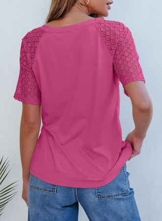 Tricou roz de vară pentru femei, maneci dantelate, decolteu in V, XL [2]