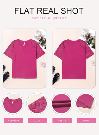 Tricou roz de vară pentru femei, maneci dantelate, decolteu in V, XL [4]