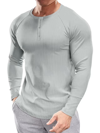 Bluze barbati - Tricou gri Henley Bărbați Slim Fit, Mâneci lungi, Guler cu Nasturi, XL