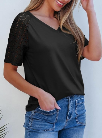 Tricou negru de vară pentru femei, maneci dantelate, decolteu in V, M [1]