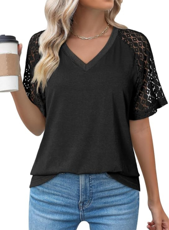 Tricouri dama - Tricou negru de vară pentru femei, maneci dantelate, decolteu in V, M