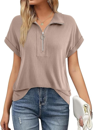 Tricou larg de vară pentru femei,  fermoar 1/4, crem 2XL [2]