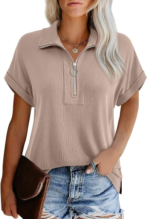 Tricouri dama - Tricou larg de vară pentru femei,  fermoar 1/4, crem 2XL