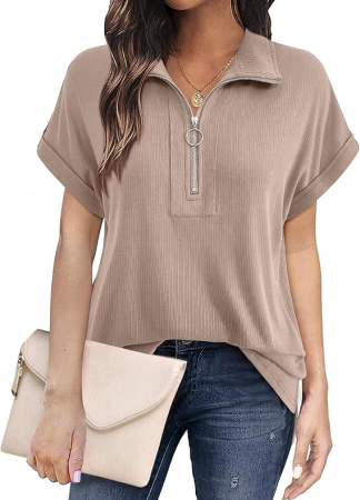 Tricou larg de vară pentru femei,  fermoar 1/4, crem 2XL [1]