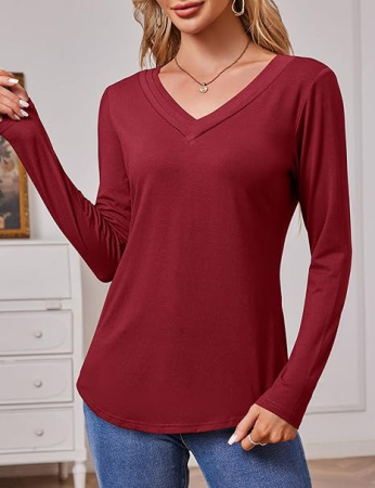 Tricou de vară pentru femei, cu maneca lunga, decolteu V  Rosu L [2]