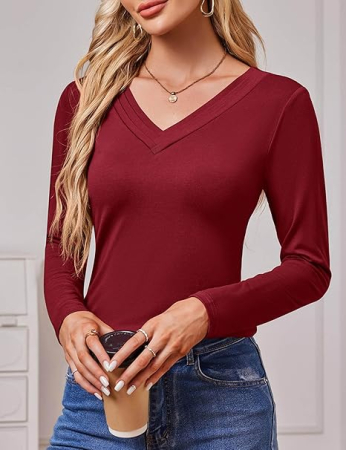 Tricou de vară pentru femei, cu maneca lunga, decolteu V  Rosu L [1]
