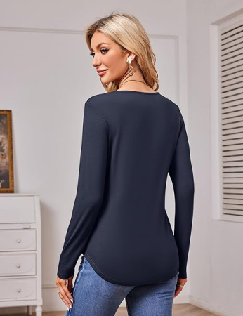 Tricou de vară pentru femei, cu maneca lunga, decolteu V  Albastru M [3]