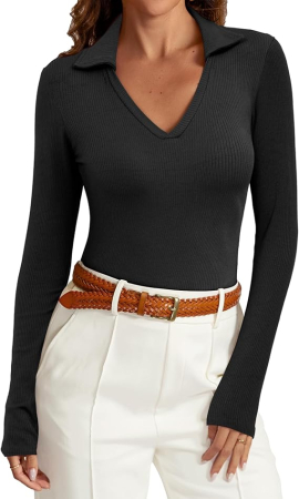 Tricouri dama - Bluza mulata de vară pentru femei, cu maneca lunga, decolteu V  Negru M