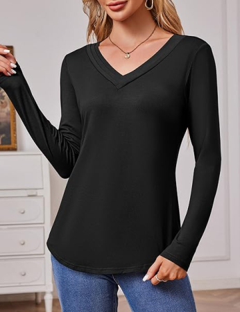 Tricou de vară pentru femei, cu maneca lunga, decolteu V  Negru M [2]