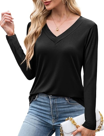 Tricou de vară pentru femei, cu maneca lunga, decolteu V  Negru M [4]