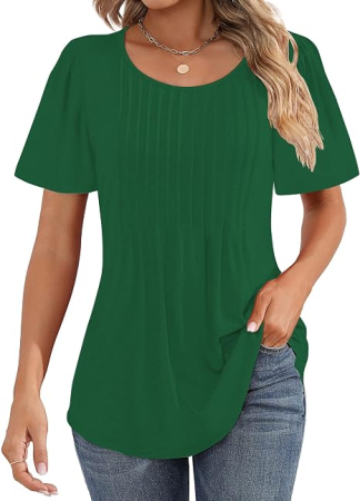 Tricouri dama - Tricou verde de damă elegant, decolteu rotund, mâneci bufante și pliuri frontale, L