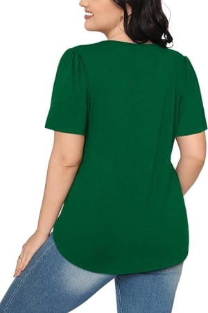 Tricou verde de damă elegant, decolteu rotund, mâneci bufante și pliuri frontale, L [4]