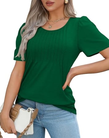 Tricou verde de damă elegant, decolteu rotund, mâneci bufante și pliuri frontale, L [3]