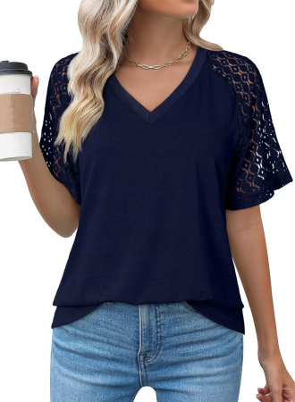 Tricouri dama - Tricou albastru de vară pentru femei, maneci dantelate, decolteu in V, XL