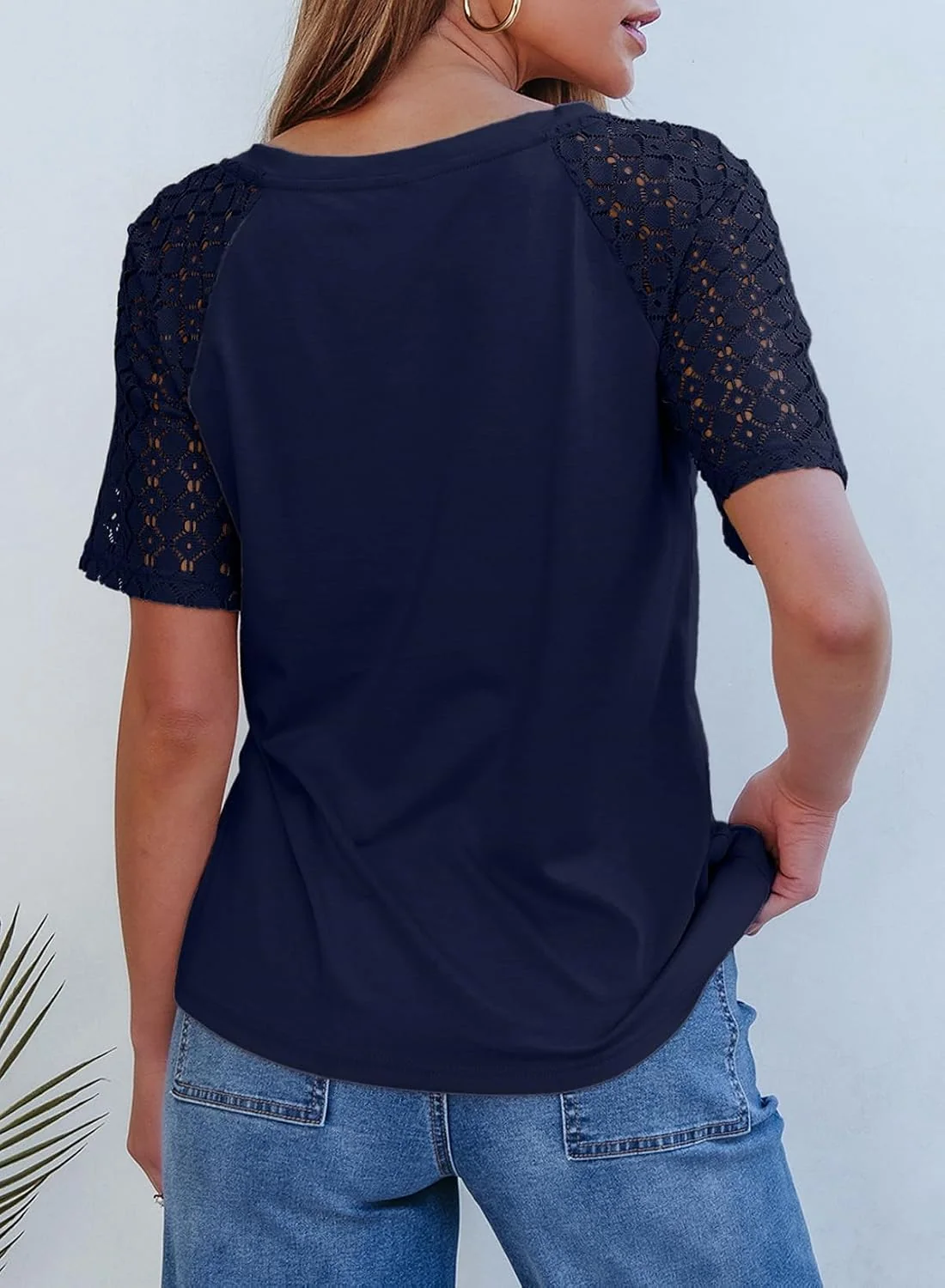 Tricou albastru de vară pentru femei, maneci dantelate, decolteu in V, XL [2]