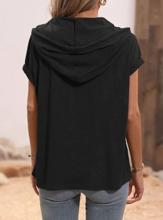 Tricou larg de vară pentru femei,  cu gluga si nasturi, negru S [2]