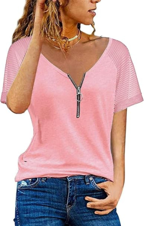 Tricouri dama - Tricou de vară pentru femei, roz cu fermoar XL