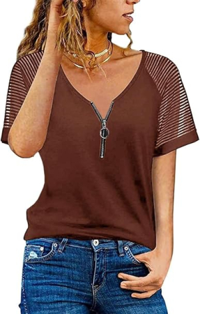 Tricouri dama - Tricou de vară pentru femei, maro cu fermoar M