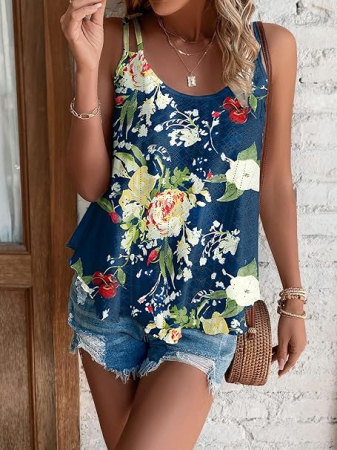 Tricou lejer fara maneci, de vară, pentru femei,  albastru floral S [3]