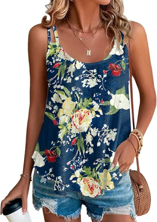 Tricouri dama - Tricou lejer fara maneci, de vară, pentru femei,  albastru floral S