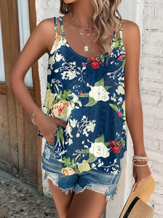 Tricou lejer fara maneci, de vară, pentru femei,  albastru floral S [4]