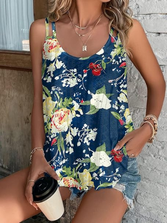 Tricou lejer fara maneci, de vară, pentru femei,  albastru floral S [2]