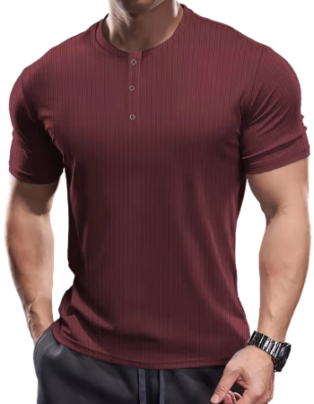 Bluze barbati - Tricou visiniu Henley Bărbați Slim Fit, Mâneci scurte, Guler cu Nasturi, 2XL