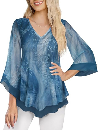 Tricouri dama - Tricou larg de vară pentru femei, 2 straturi, maneci 3/4, albastru 2XL