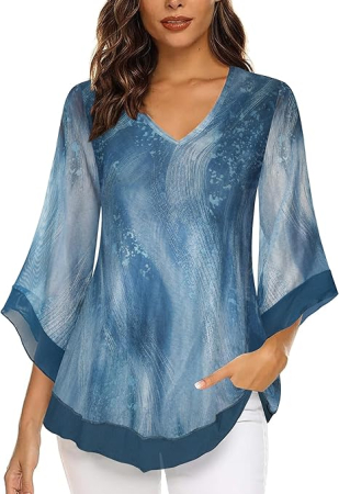 Tricou larg de vară pentru femei, 2 straturi, maneci 3/4, albastru 2XL [2]