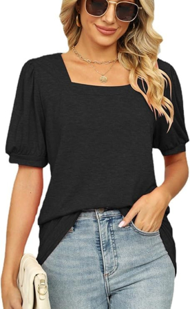 Tricouri dama - Tricou larg de vară pentru femei,  decolteu patrat, maneci scurte bordurate, negru M