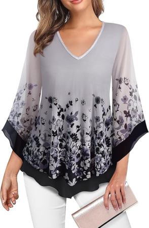 Tricou larg de vară pentru femei, 2 straturi, maneci 3/4, gri L [1]