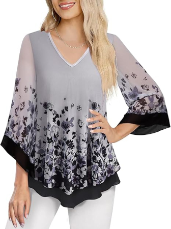 Tricouri dama - Tricou larg de vară pentru femei, 2 straturi, maneci 3/4, gri L